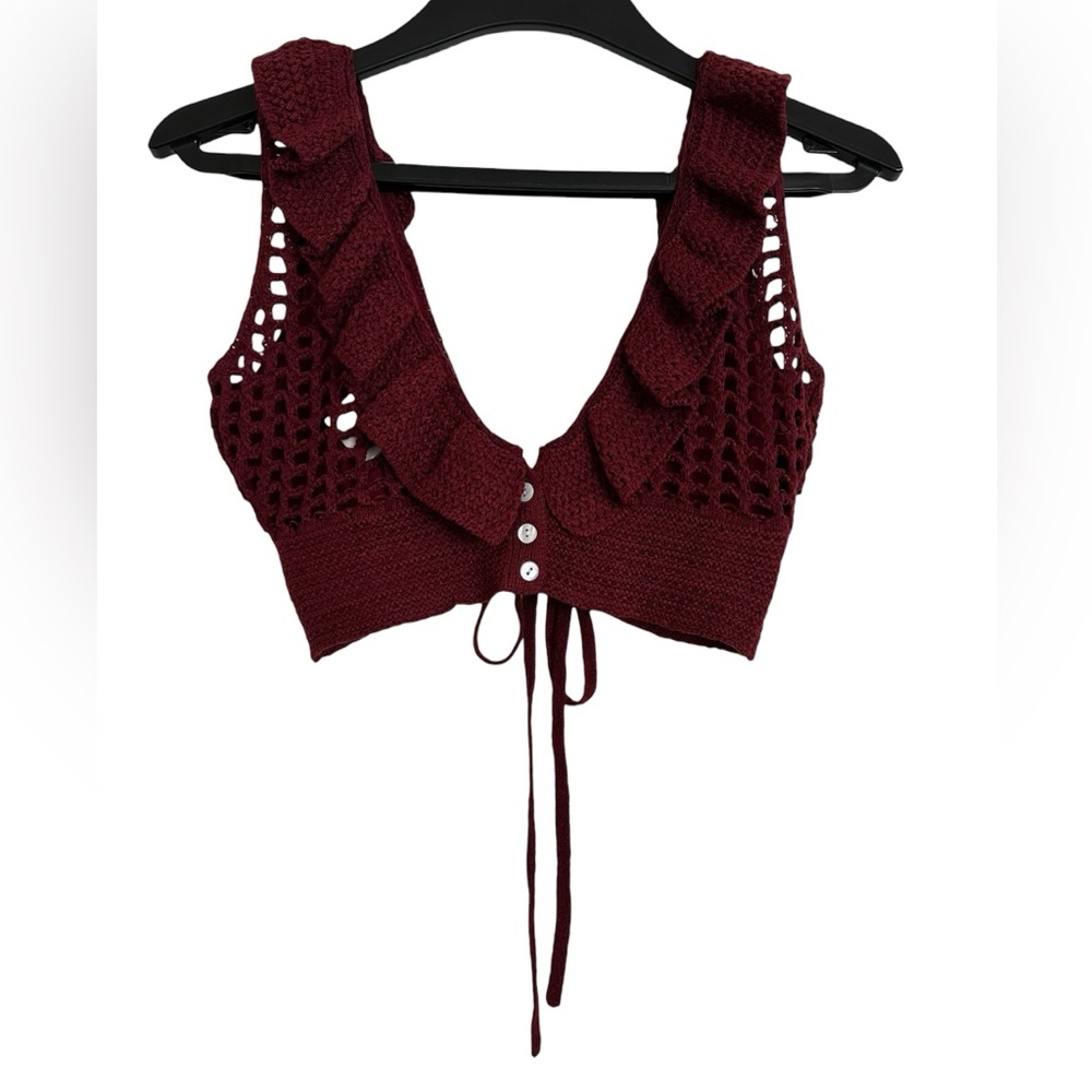 BCBGMaxAzria Wine Red Crochet Crop Top Size S - Picture 4 of 8